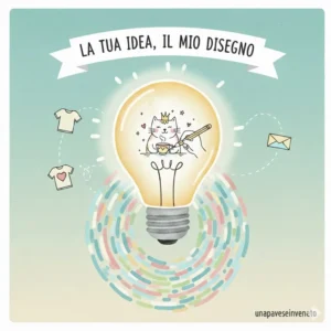 Illustrazione creativa con lampadina accesa e gattino che disegna, con la scritta "La tua idea, il mio disegno" di UPVshop per servizi di grafica personalizzata su coperte e abbigliamento.