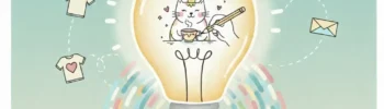 Illustrazione creativa con lampadina accesa e gattino che disegna, con la scritta "La tua idea, il mio disegno" di UPVshop per servizi di grafica personalizzata su coperte e abbigliamento.