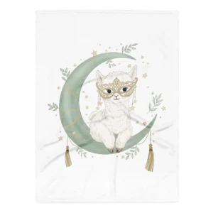 Vista frontale della Coperta Lama Romantico con illustrazione di un tenero lama con maschera dorata su una mezzaluna verde e stelle.