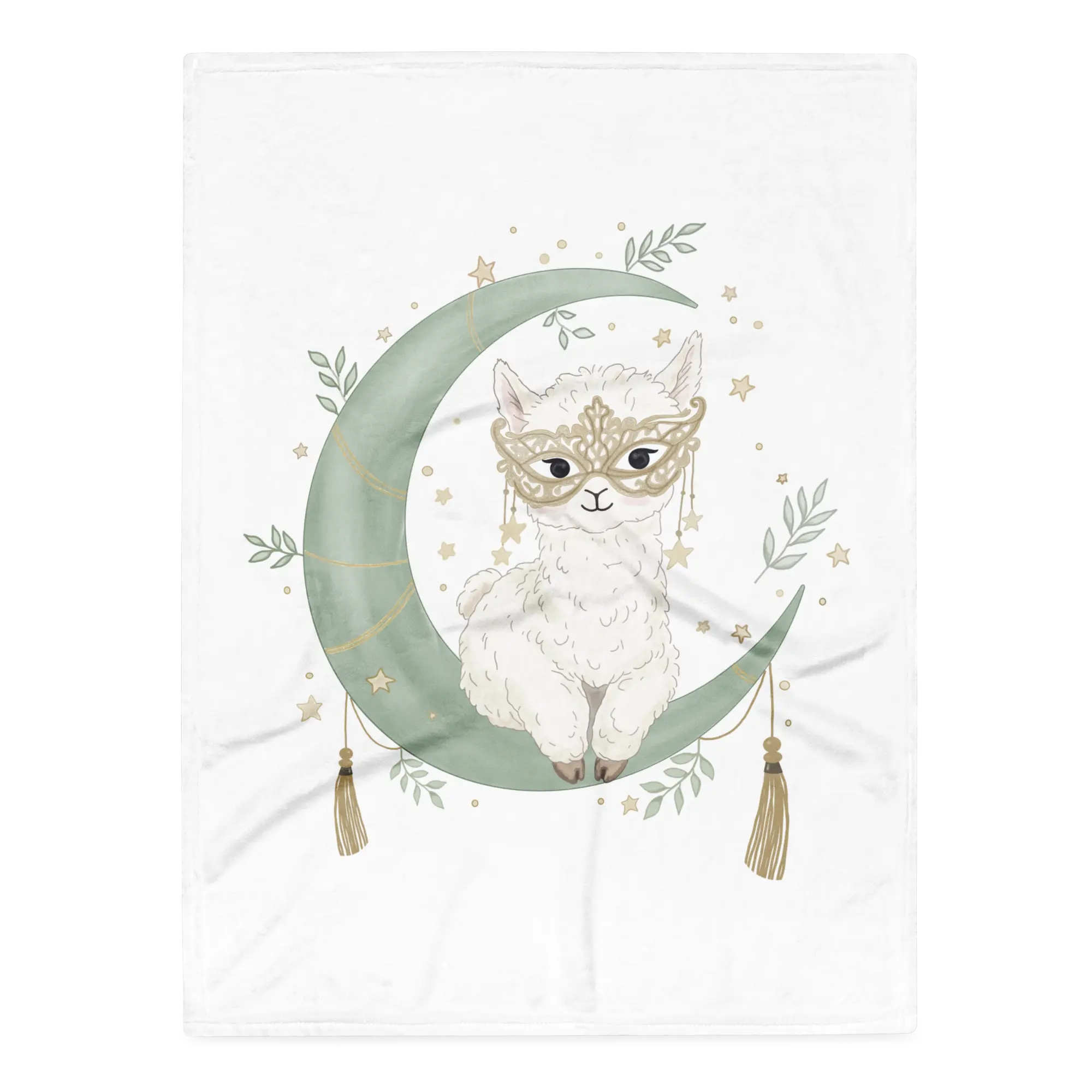 Vista frontale della Coperta Lama Romantico con illustrazione di un tenero lama con maschera dorata su una mezzaluna verde e stelle.